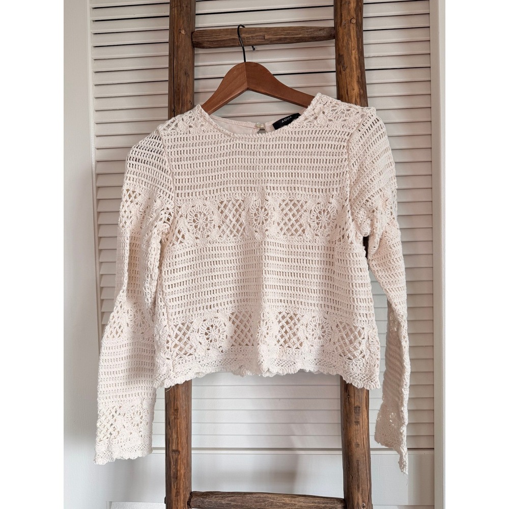 AQUA Crochet Bell Sleeve Top Cream Knit Boho Festival Pullover Women's‎ M